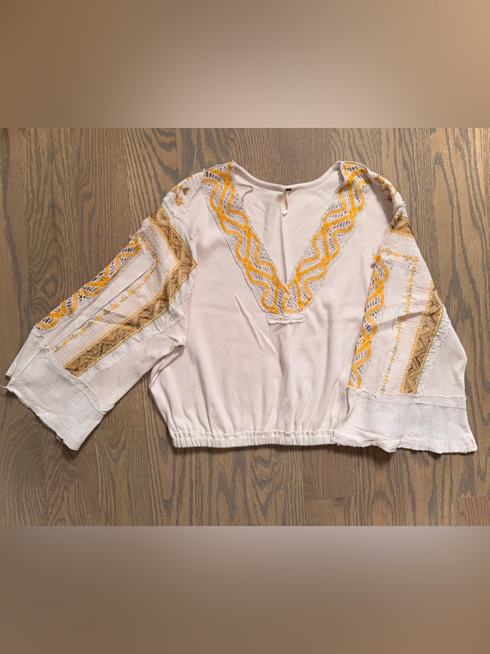 Free People Embroidered V-Neck Peasant Top in Cream and Mustard